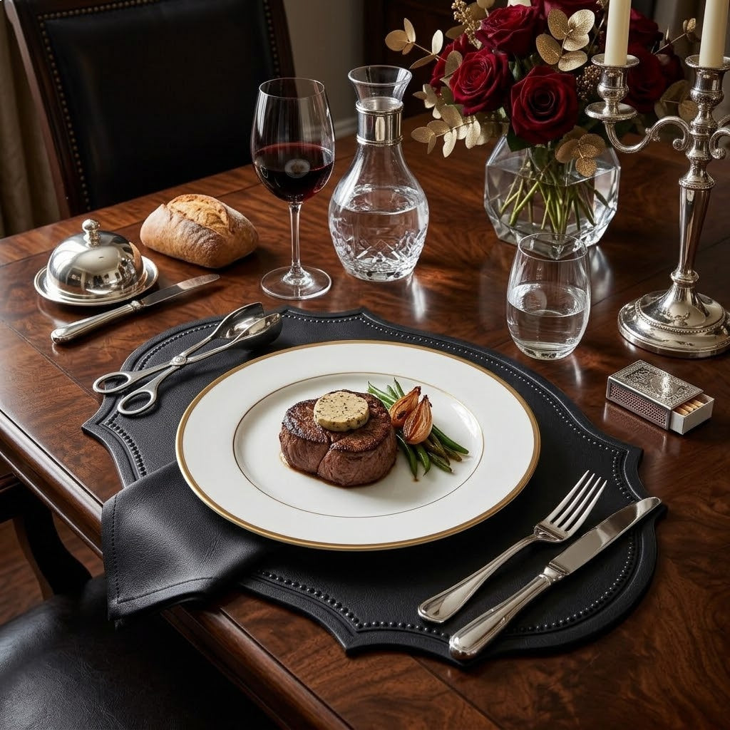 Vintage Black Imitation Leather Oval Placemat