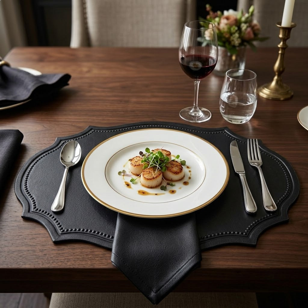 Vintage Black Imitation Leather Oval Placemat